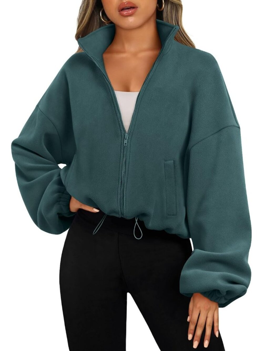 Women's Green Long Sleeve ZIP Up Oversized Cropped Sweatshirt Fleece Jacket
